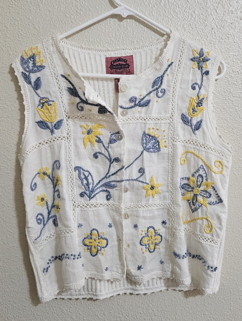 Cambridge Crocheted Embroidered Sleeveless Top - White with Blue & Yellow Floral